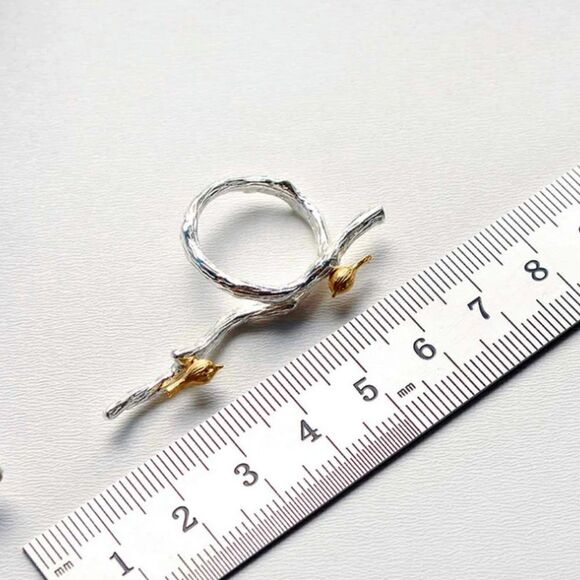 925 Sterling Silver Golden Birds on Branch Adjustable Ring - Picture 2 of 9